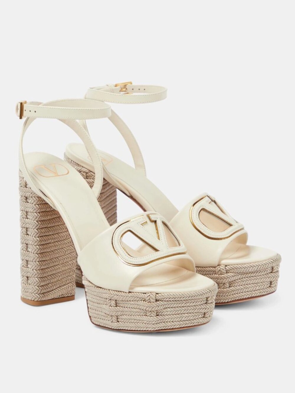 Valentino V-Logo Platform Sandals in Light Ivory/Antique Brass, size 39